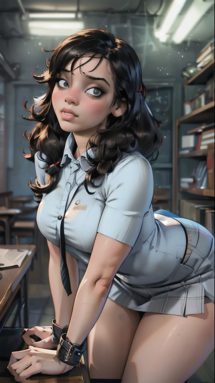 (best quality,4k,8k,highres,masterpiece:1.2),ultra-detailed,(realistic,photorealistic,photo-realistic:1.37),portraits,schoolgirl outfit,blue high cut coat,blue mini skirt,white shirt,perky breasts,beautiful detailed eyes,beautiful detailed lips,shy girl,blushing,thick thighs,bent over desk,classroom lighting,realistic lighting