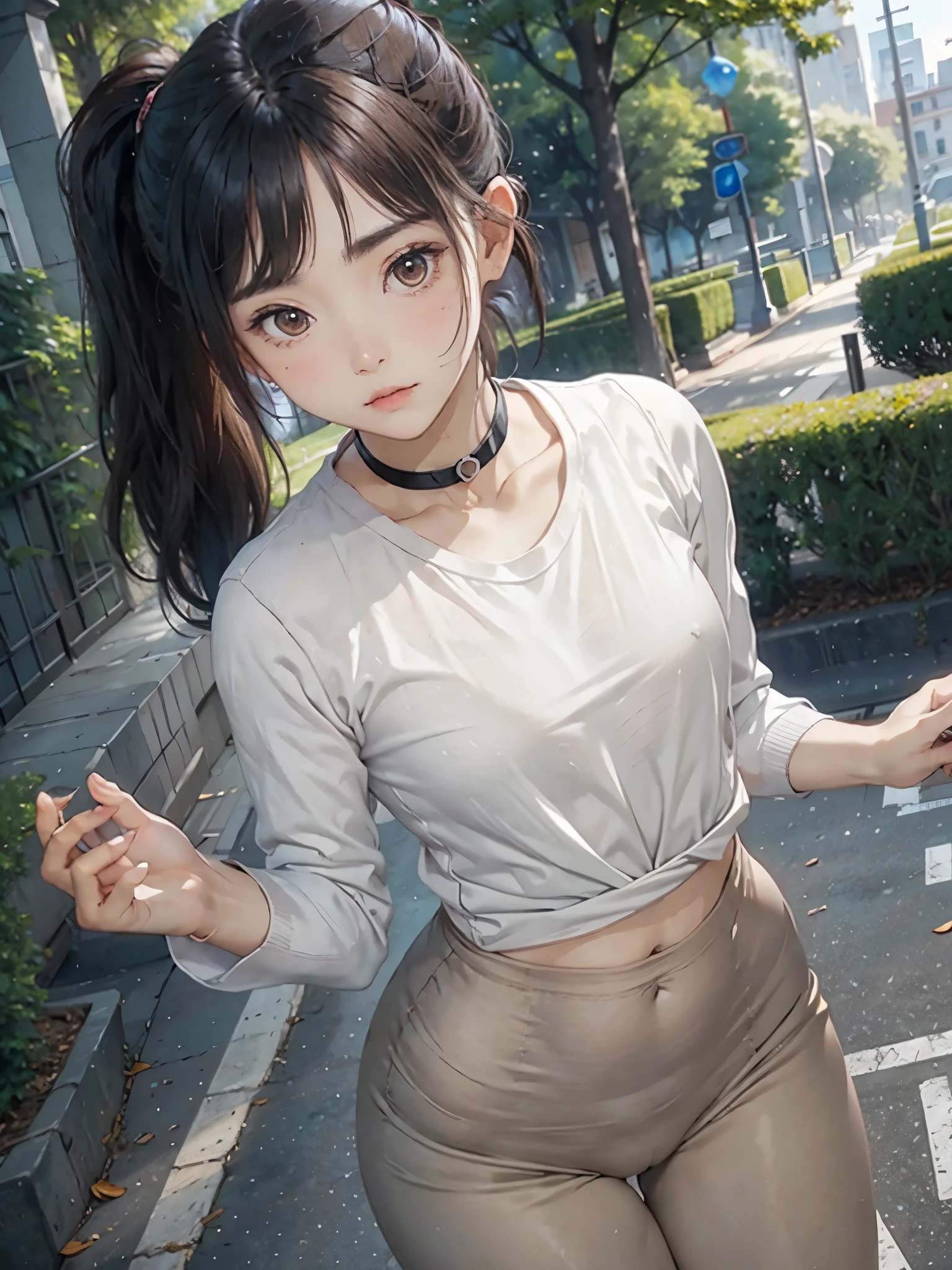 Light brown hair, small, a slender waist, Thigh thick, Symmetrical, slim, pony tails, (((Tight fitting shirts))), Chopping, choker necklace, lacivious pose, squishing, underdressing, Leaning forward, parks, small路, The tree, blossoms, Distant city in the background, looking at viewert, Sultry look, ((()))