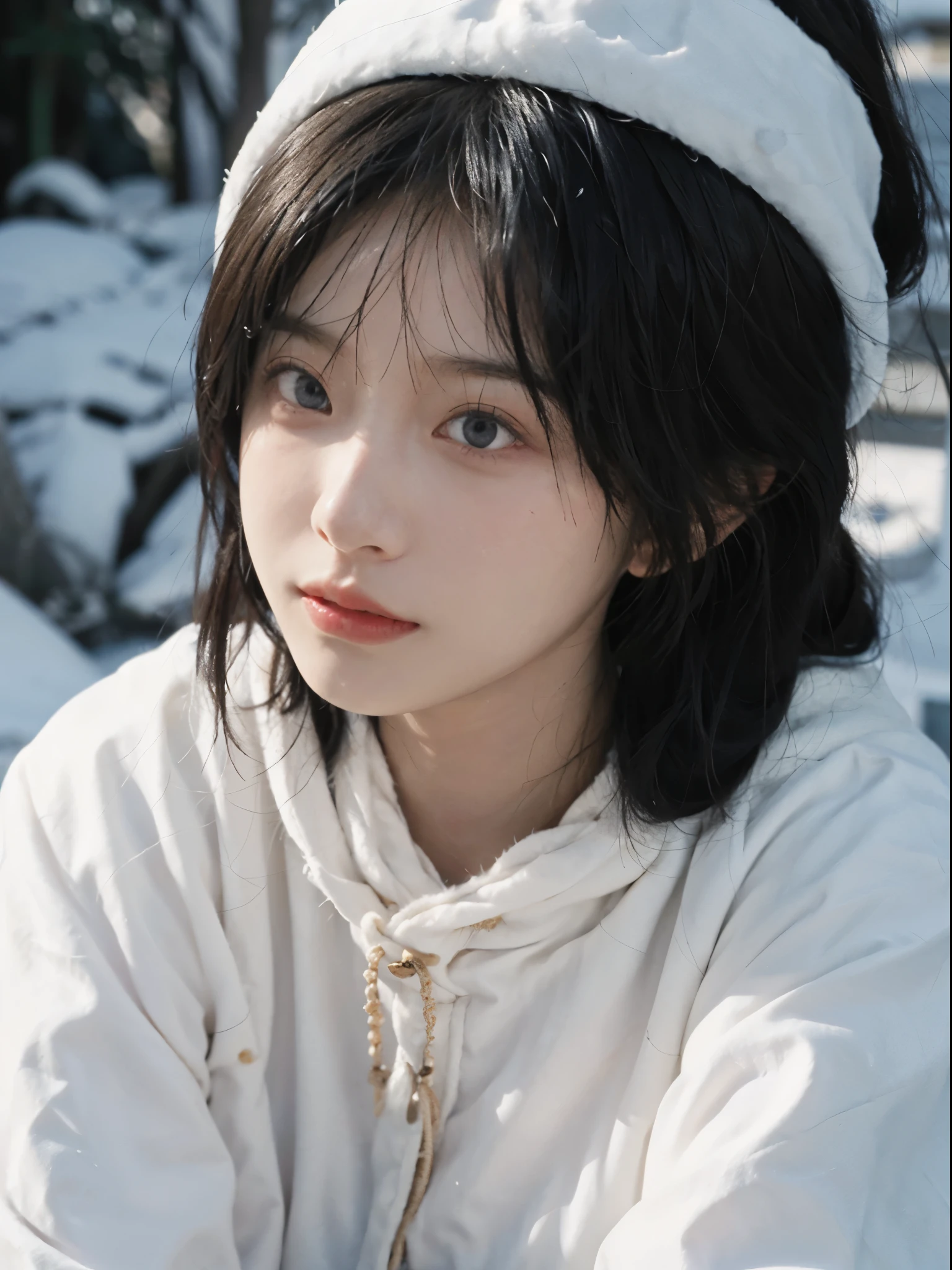 best quality, ultra high resolution, White background,(realistically:1.4), girl, A pair of eyes as clear as snow,Imperial sister,Black long straight, looking at the audience, close up ,
