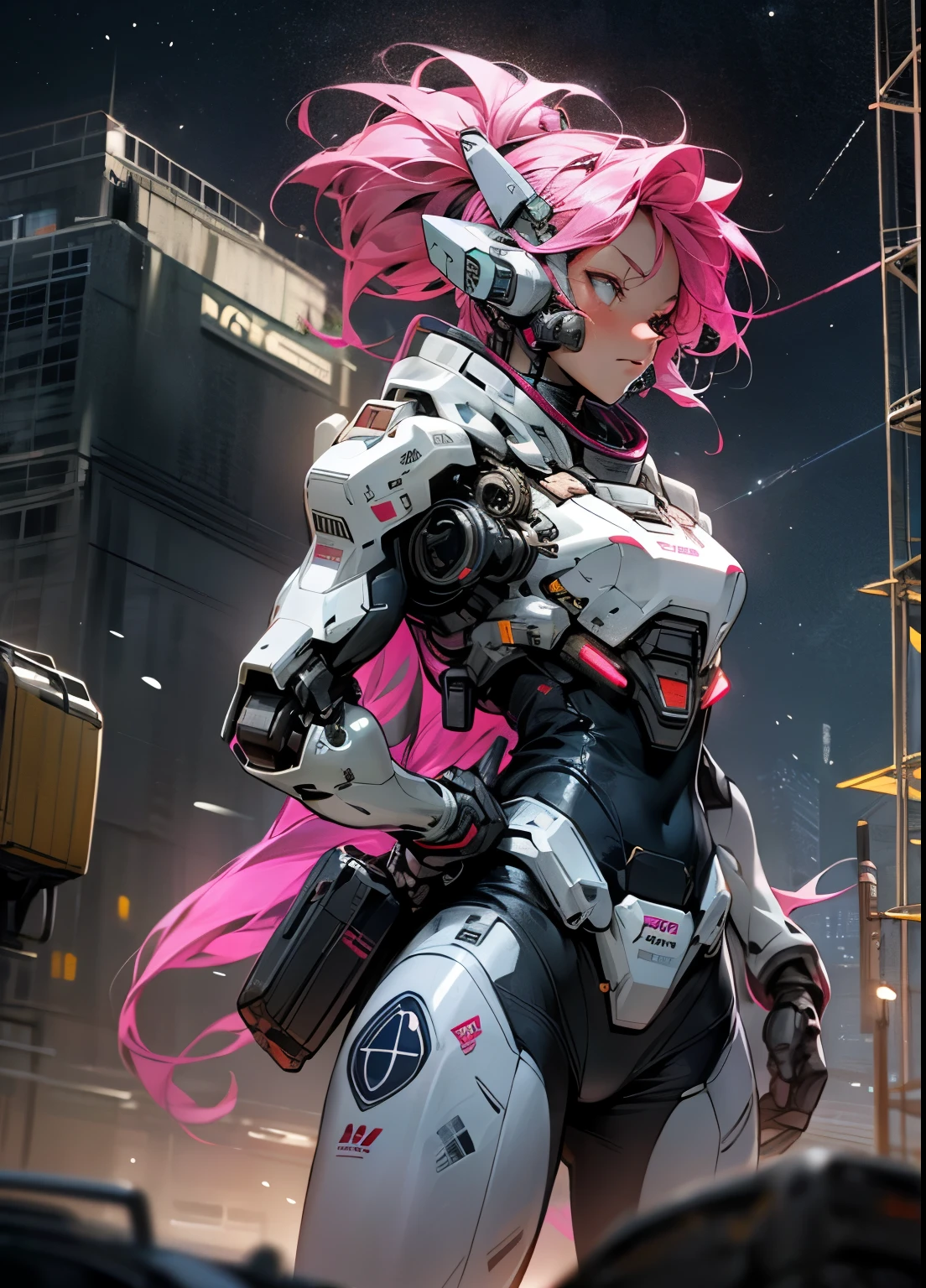 Cosmos, Meteor, Space Station, Glow, Robot, Mecha Girl, Pink Hair, Architecture, glowing_eyes, Mecha, Science Fiction, City, Reality, Mecha