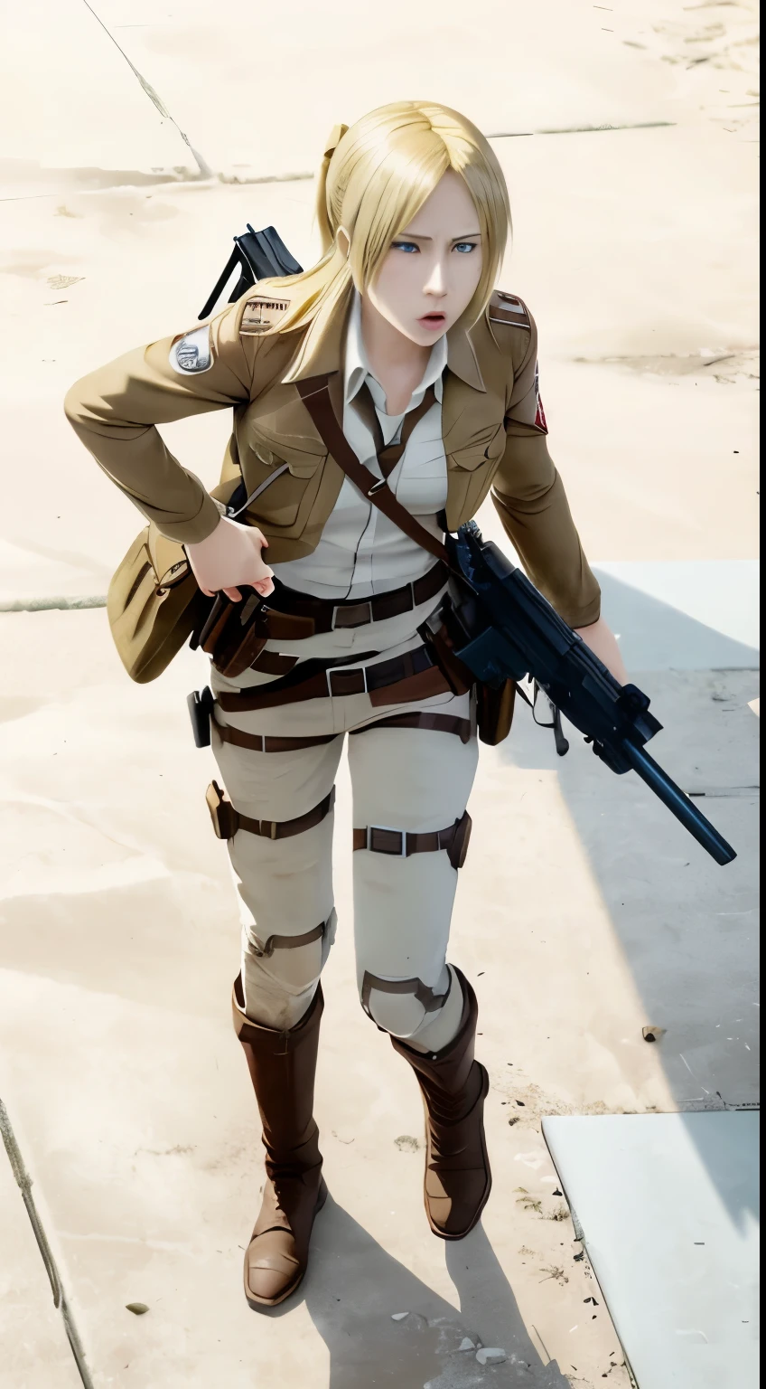 a woman with a gun and a gun in her hand, from attack on titan, by Akihiko Yoshida, attack on titan covert art, in attack on titan, mikasa ackerman, attack on titan, snk, annie leonhart, attack on titans, looking like annie leonhart, shingeki no kyojin, barack obama in attack on titan，Attack on Titan female character Historia，golden hair，Long golden hair，Combat attire，binh，metal light holder，golden hair，blue color eyes