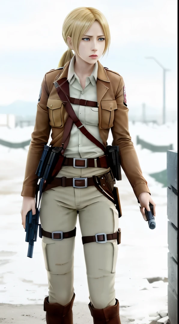 a woman with a gun and a gun in her hand, from attack on titan, by Akihiko Yoshida, attack on titan covert art, in attack on titan, mikasa ackerman, attack on titan, snk, annie leonhart, attack on titans, looking like annie leonhart, shingeki no kyojin, barack obama in attack on titan，Attack on Titan female character Historia，golden hair，Long golden hair，Combat attire，binh，metal light holder，golden hair，blue color eyes
