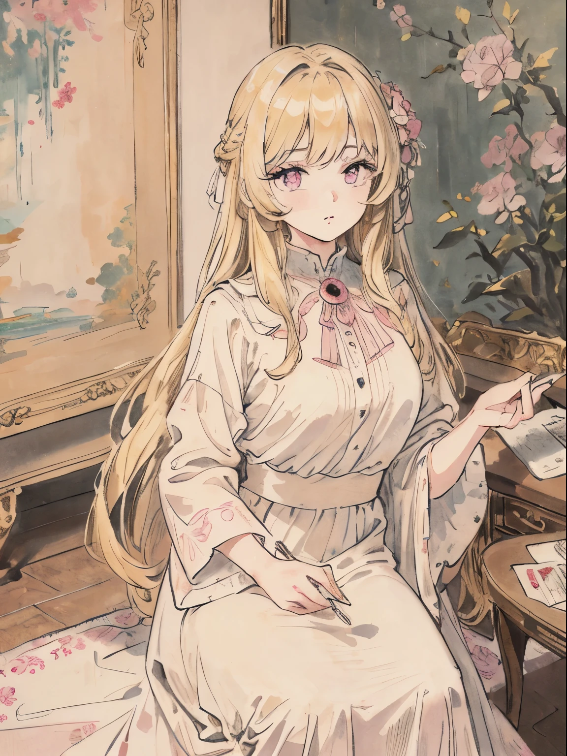 masterpiece, best quality, an extremely delicate and beautiful girl,an extremely delicate and beautiful, world masterpiece theater, ultra-detailed, highly detailed, best quality, blonde hair, highres, extremely detailed,1girl, best quality, illustration, looking at viewer, impasto, canvas, oil painting, realistic, realist ,real, pink eyes, long hair , straight hair. Vintage outfit