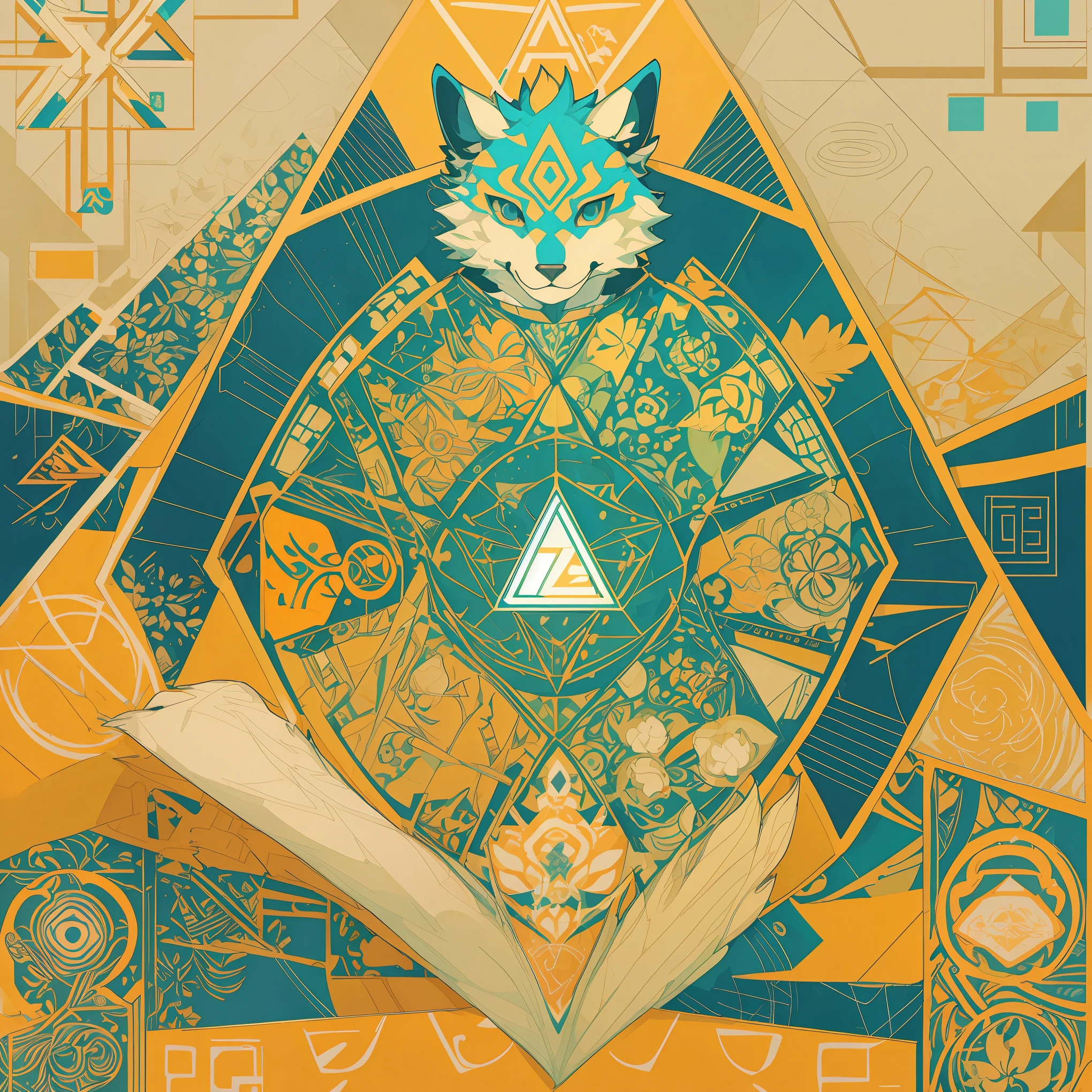 top quality, stamp Design, kaleidoscope, Geometric pattern, best quality, poster, rzminjourney, vector-art, High-quality illustrations by Victo Ngai, masterpiece(kemono, furry anthro)logo mark, triangle,