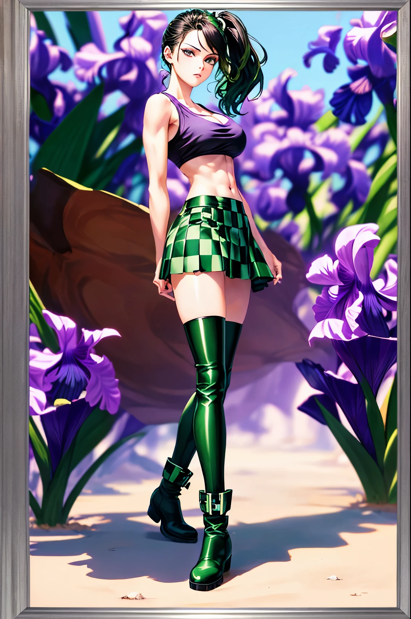 (Extreme Detail CG Unity 8K wallpaper, masterpiece, highest quality), (exquisite lighting and shadow, highly dramatic picture, cinematic lens effect), (Leeloo: 1.4), delicate facial features, charming smile, star eyes, ((dark green hair)), tight top, white gloves, mini skirt, dynamic pose, lying in the garden), (background in a garden full of flowers) (excellent detail, outstanding lighting, wide angle), (excellent rendering, enough to be proud of its kind)