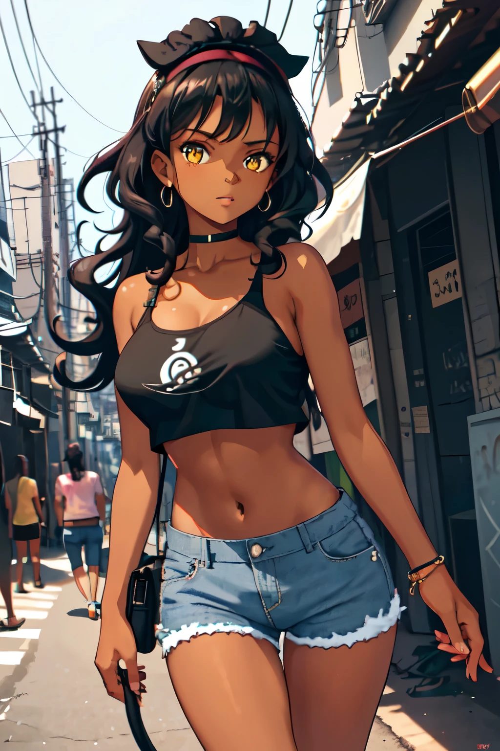 1girl, masterpiece, best_quality, Dark-skinned_female brasilian, black curly hair,_eyes, black, large_breasts, Make up, Shorts, denim_shorts, crop_top, navel, midriff, toned, walking in favela (abs:0.8),