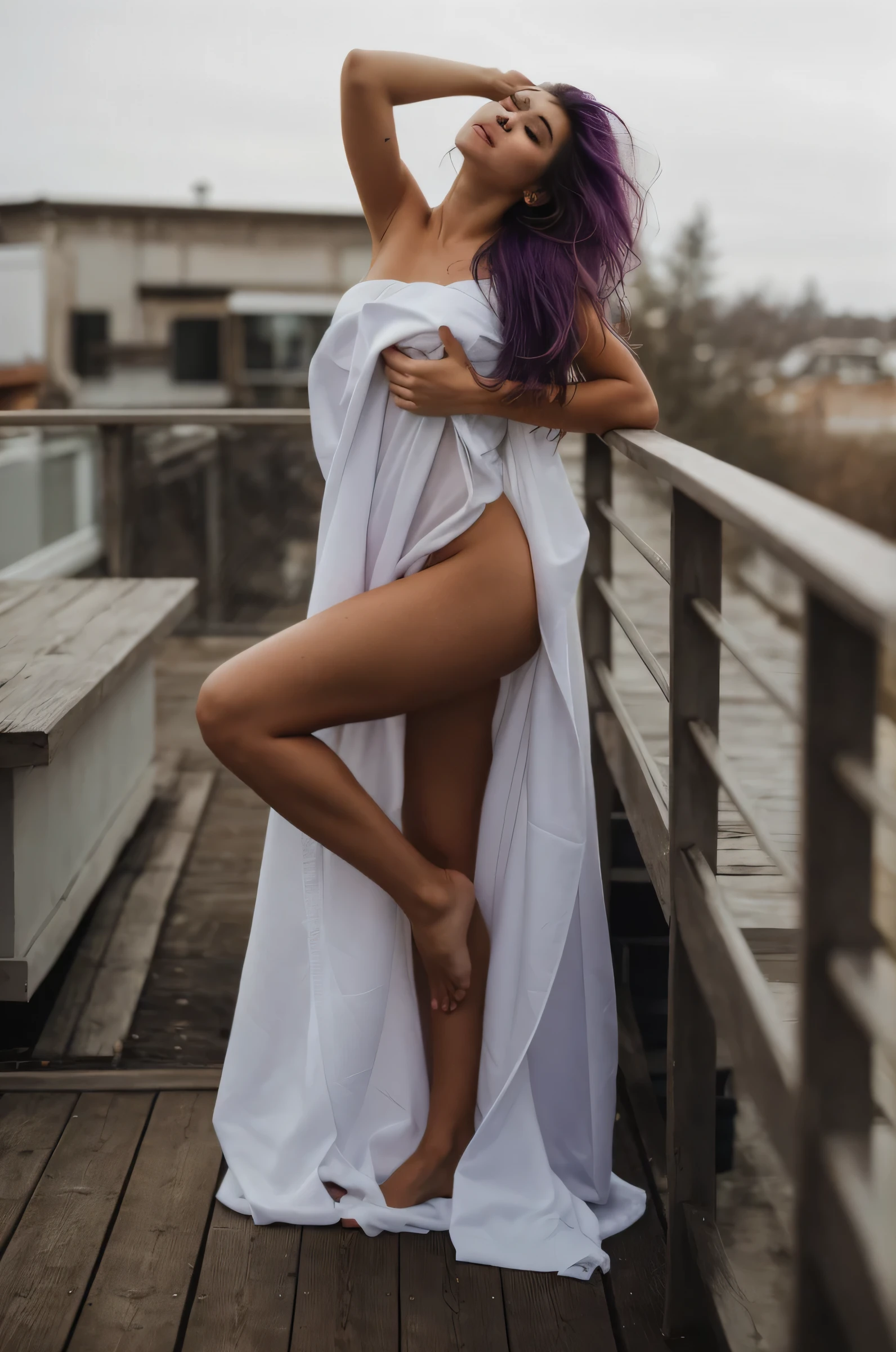 RAW photo, 3/4 body portrait of a beautiful women very similar to CINDY MELLO with purple hair She poses for a photo wrapped in a sheet (high detailed skin:1.2), 8k uhd, dslr, soft lighting, high quality, film grain, Fujifilm XT3