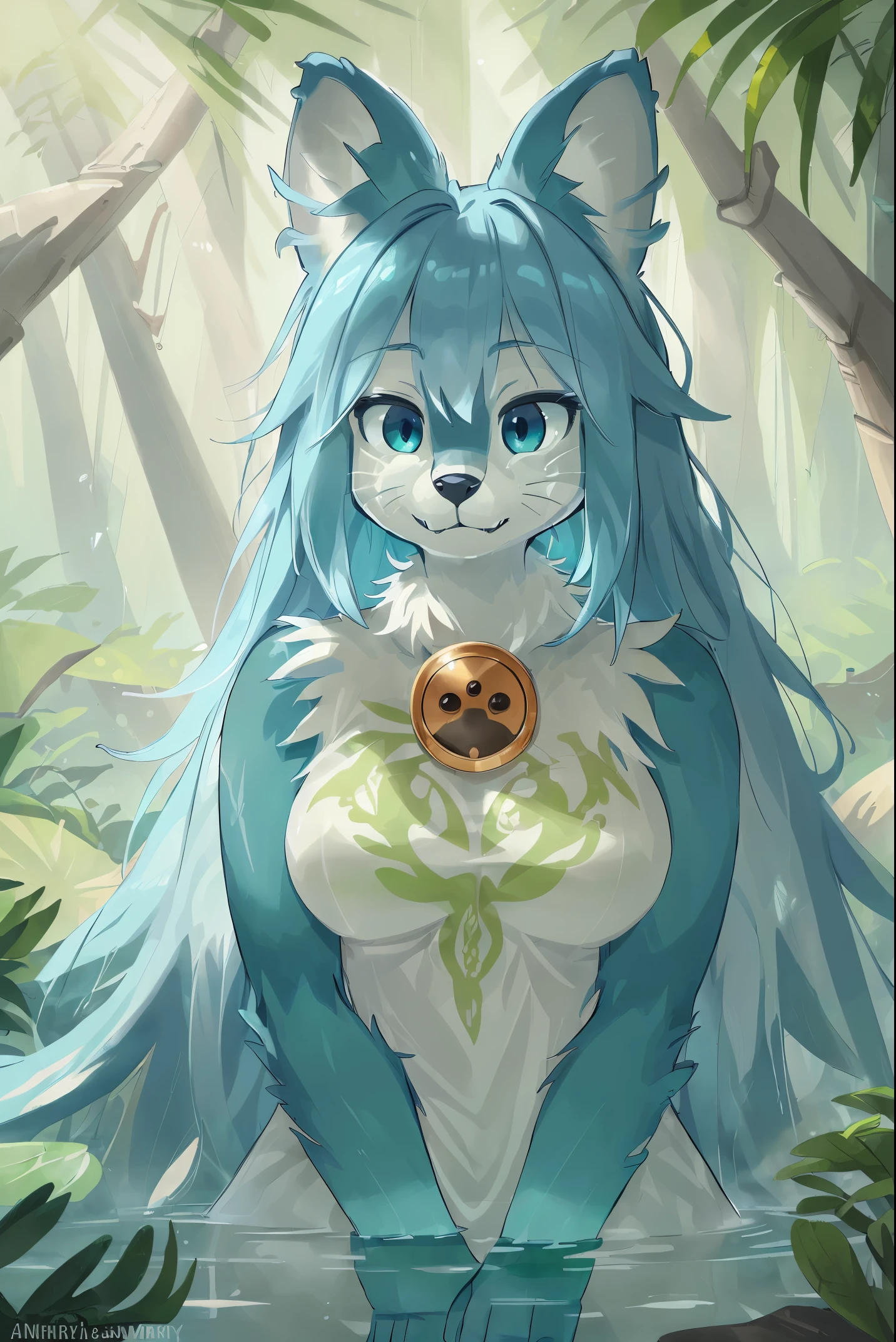 score_9, score_8_up, score_7_up, score_6_up, score_5_up, score_4_up, rating_explicit, source_furry, female, cute anthro female, cute face, detailed background, looking at viewer, solo, solo focus, (no nipples, no vagina:1.4), (digital pen line-art, soft lines, soft shading, pinup, cartoon, anime:1.3), tktigertrace, anthro, keidran, tiger, (white fur:1.2), striped fur, long blue hair, busty, long hair, tail, forest, (tribal outfit:1.3), midriff,