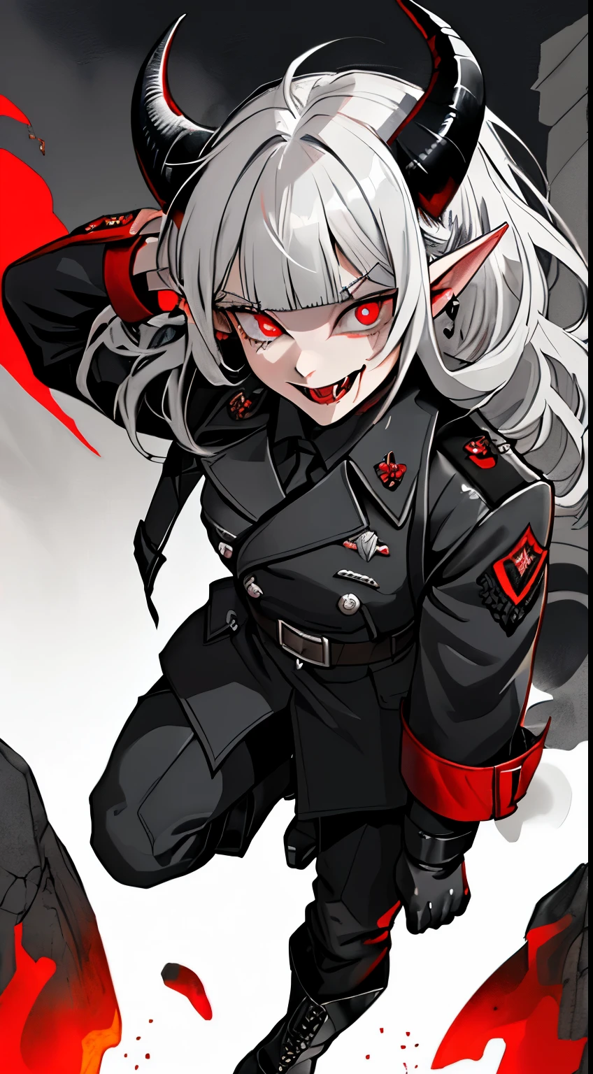 looking at viewert, Silver hair(Red pick dye), Black military uniform(WWII German Army), Black gas mask, Hang on the chest(Covering the German Army in World War I) Black leather trench coat(burned by flamelack hairpin, long whitr hair, Princess cut, red pupils, Black whites of the eyes, Elf ears(The long), ear studs, Red lips, The whole body is entangled and burned by the fire of hell., Permanent, Madness, leader, brutal, unholy, Black leather boots, Devil's Argali Horns(immensity), Hell, Very wide open mouth, Maniacal smile, fang, Black leather gloves, streaked hair, white hair, red hair, blunt bangs, hime cut, mole under eye, crazy eyes, devil eyes, red eyes, pointy ears, crazy, fang out, cinematic lighting, projected inset, perspective, anatomically correct, high details, high quality