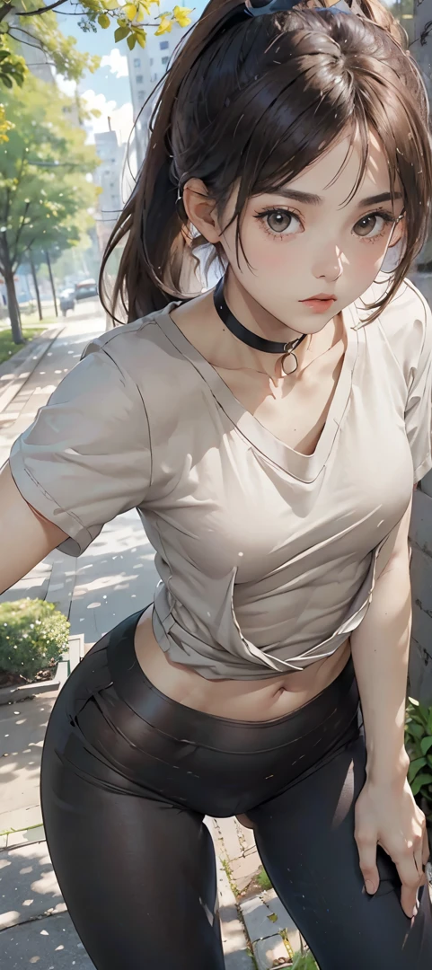 Light brown hair, small, Slim waist, Thigh thick, Symmetrical, Slim, pony tails, (((Tight fitting shirts))), LOP, choker necklace, lacivious pose, Squashed, scantily clad, Leaning forward, parks, small路, that tree, blossom flower, Distant city in the background, looking at viewert, Sultry look, ((()))