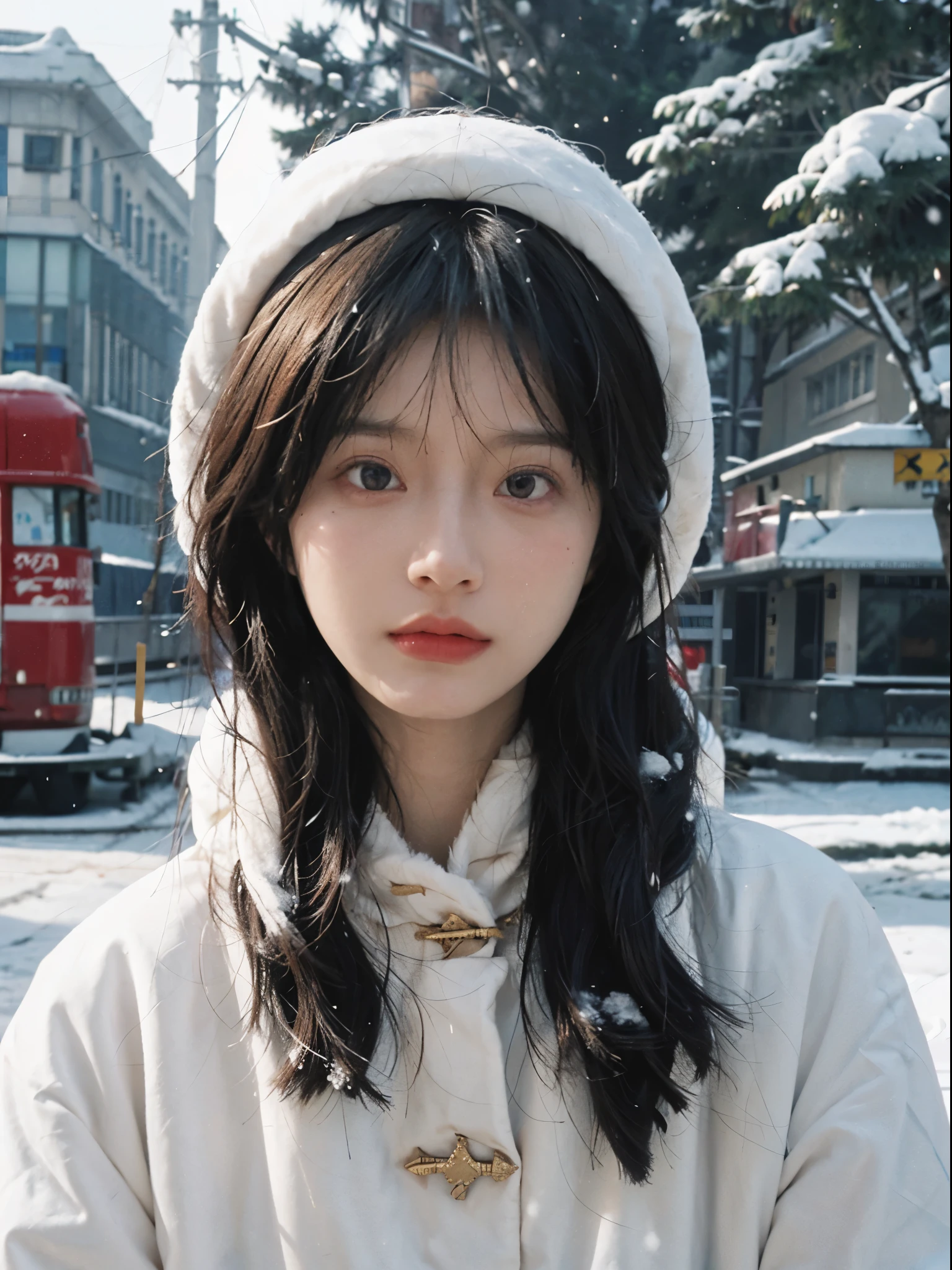 Best quality at best, 超高分辨率, white backgrounid,(realistically:1.4), girl, A pair of eyes as clear as snow,Imperial sister,Black long straight, looking at viewert, close up ,