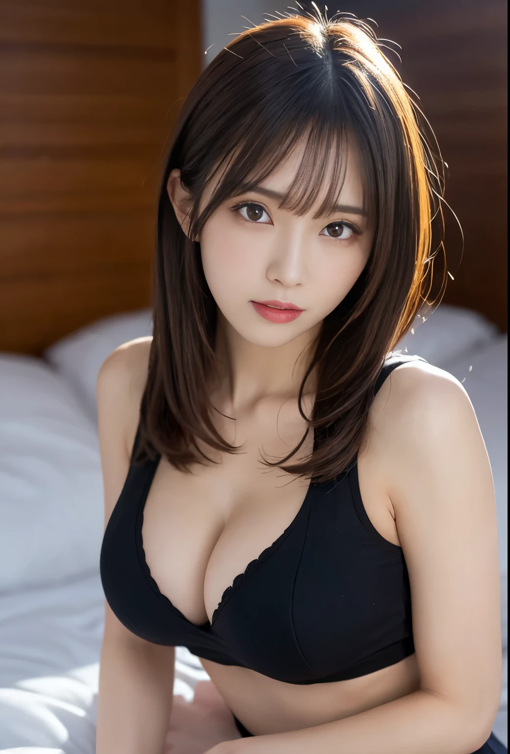 masutepiece, Best Quality, Illustration, Ultra-detailed, finely detail, hight resolution, 8K Wallpaper, Perfect dynamic composition, Beautiful detailed eyes, sexy facial expression, Lustrous skin, Natural Lip, Cute clothes, Toned and slender body, Big breasts, cleavage, Random sexy poses, Full body, On the bed,