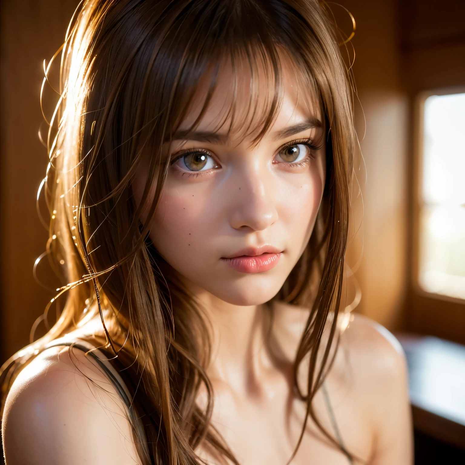 best quality, face focus, soft light, ultra high res, (photorealistic:1.4), RAW photo,
1american girl, solo, cute, (pupil, lights in the eyes),  detailed beautiful face, (small chest),(high resolution detail of human skin texture),
(long hair),
indoor,
Nude,
(Wide)