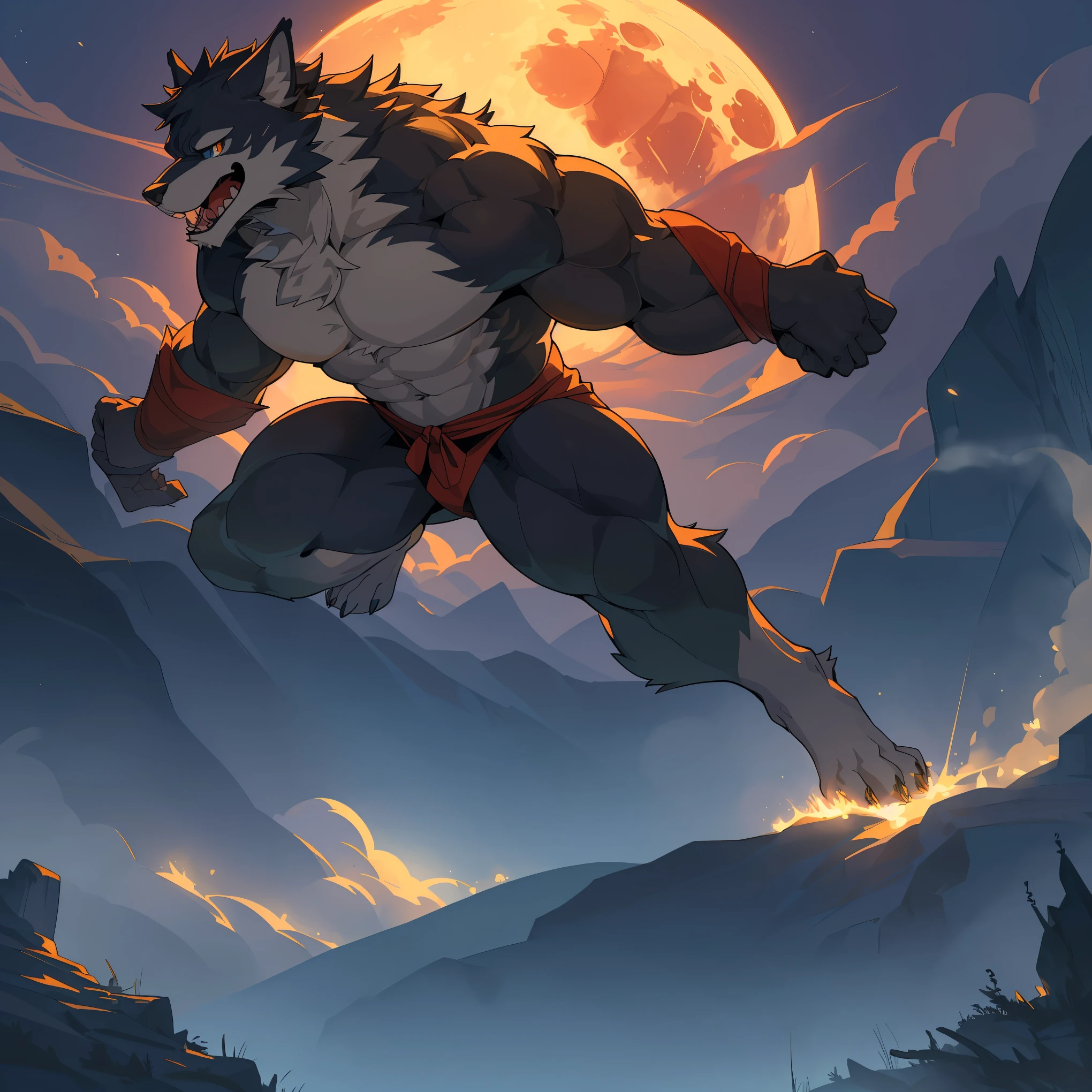 top quality, best quality, High-quality illustrations, masterpiece, depth of field, One-point scientific perspective(highly detailed beautiful face and eyes)absurdres, perfect anatomy, Werewolf, howling, red full moon, on cliff, fog(kemono, super handsome boy, solo focus, muscle, hero pose)(furry anthro)full body, wide shot,