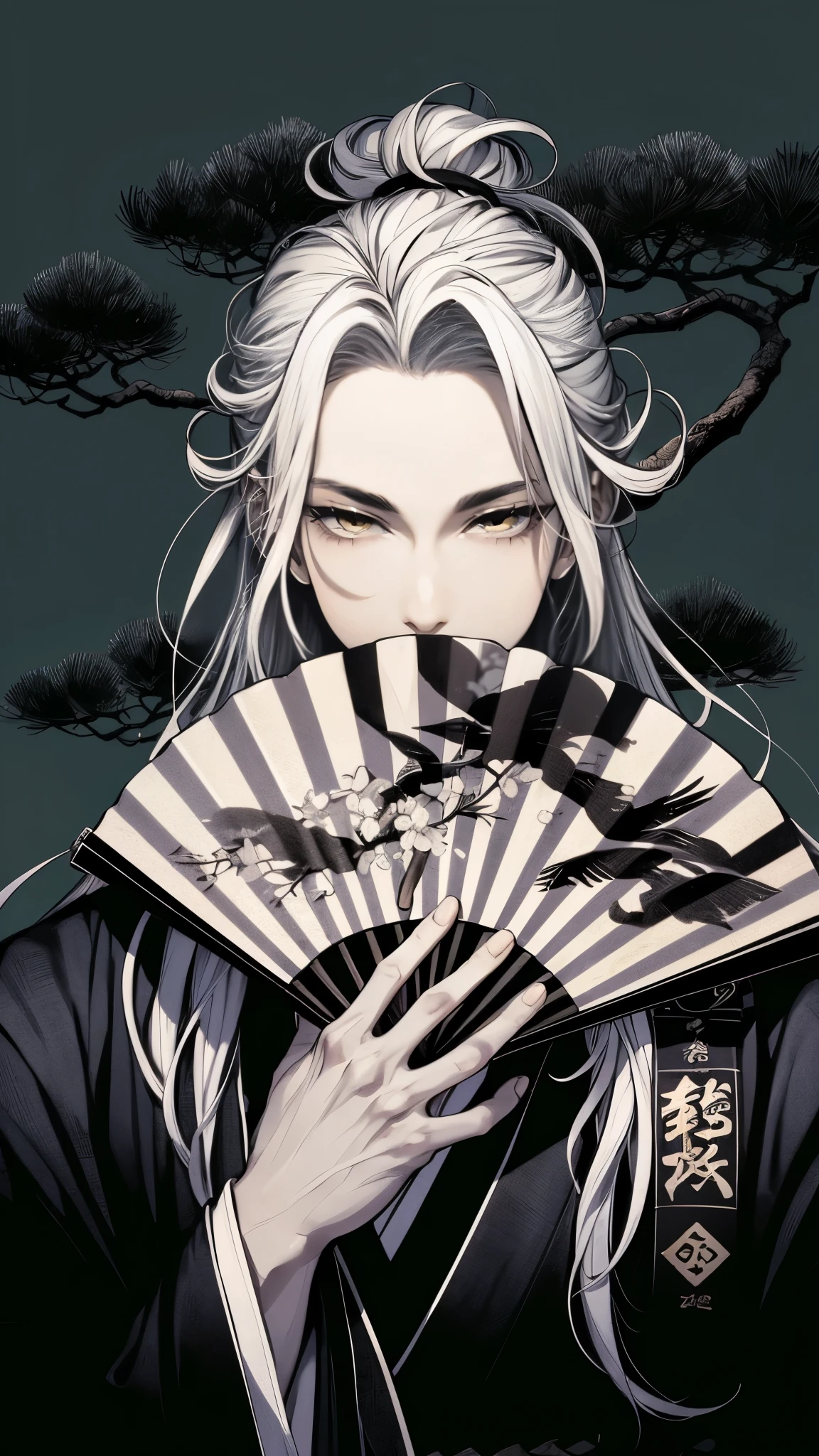 Beautiful young man, long slit yellow eyes, very long white hair, tied up, black masculine kimono, fan covering mouth, black background with one magnificent pine tree standing, Japanese atmosphere, cool, stylish,high quality, amount of drawing, pixiv illustration