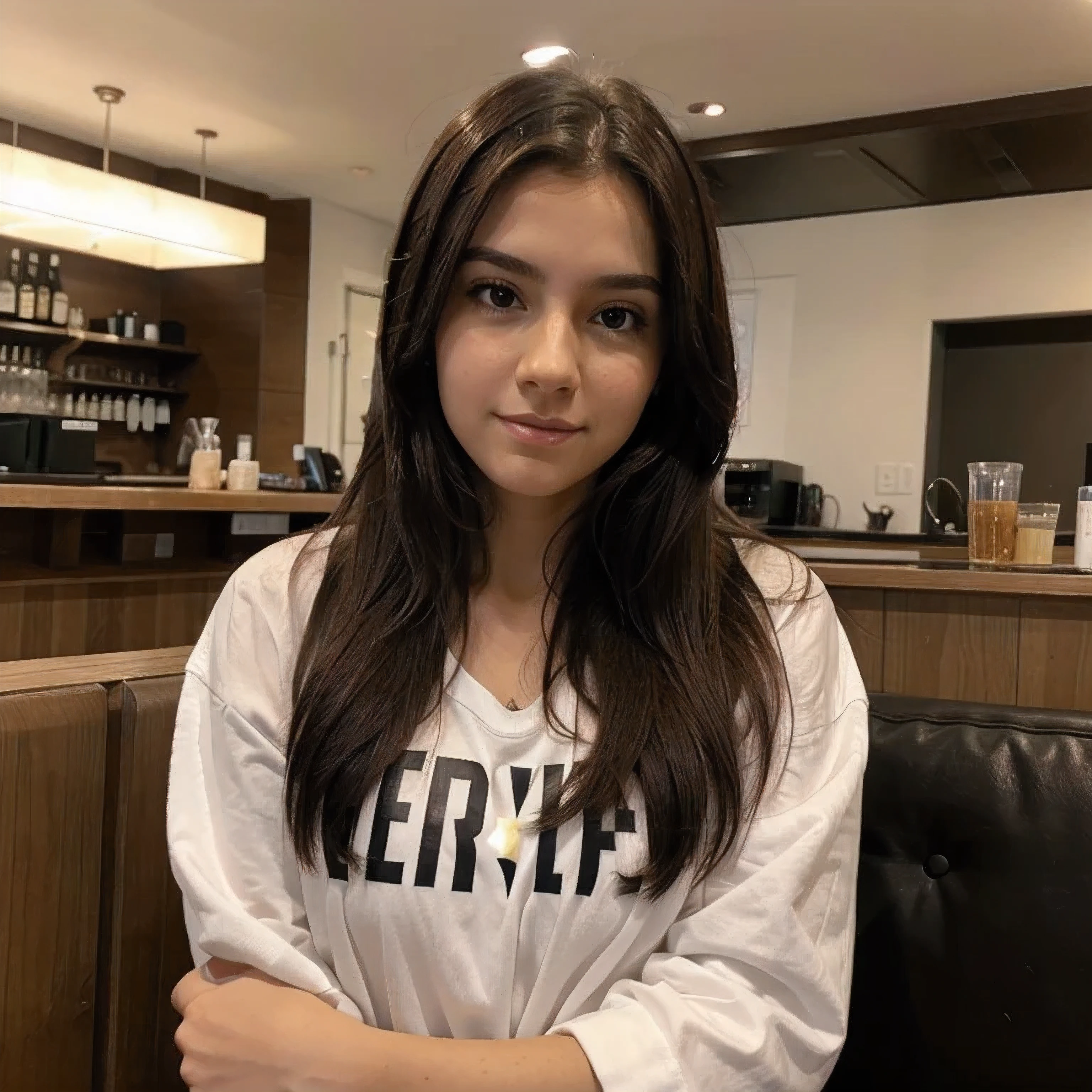 a 20 year old girl with straight brown hair, en publico tomando cafe, Selfie, Plano medio, retrato
