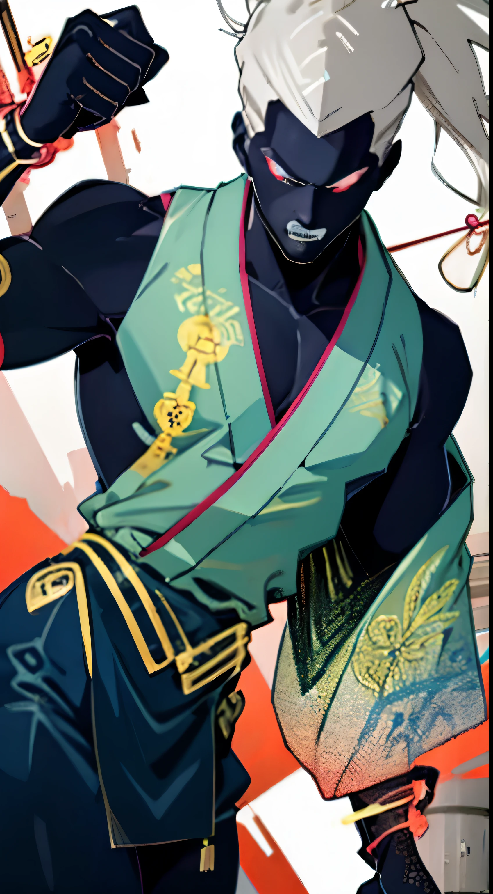 A white-haired megatrix man wearing a white kimono with gold details and having several runes on his body