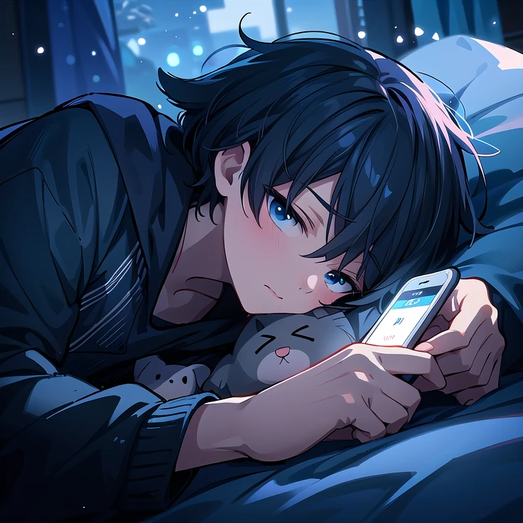 anime boy sleep in bed with cell phone and cat in hand, anime wallaper, anime lover, anime boy, makoto shinkai cyril rolando, 4k anime wallpaper, by Yuumei, guweiz and makoto shinkai, hd anime wallaper, anime wallpaper 4k, anime wallpaper 4k, anime picture