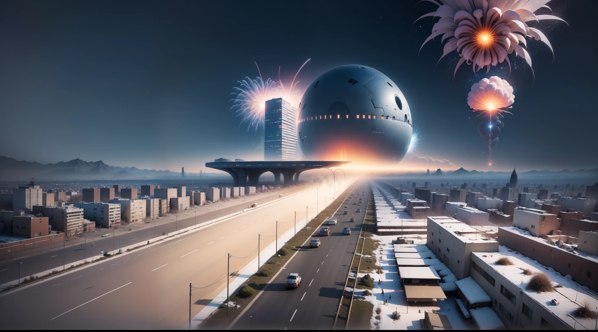 Look down from the top of the mountain,cyber punk style,(((fire works))),(((绚丽的fire works))),3d effect,A huge and decadent ringed city,crossroad,overpass,high grade road,natta,((many circling planes)),pedestrians,Sateen,inverted image,high high quality,(16K resolution),((ultradetailed)),((artwork of a)),hyper realisitc,电影灯光,Dynamic lines,OC Render
