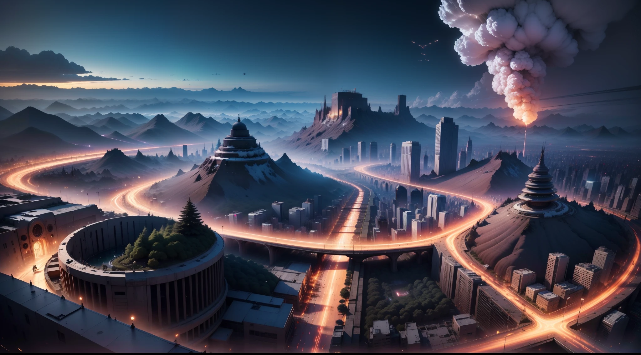 Look down from the top of the mountain，cyber punk style，（（（fire works））），（（（绚丽的fire works））），3d effect，A huge and decadent ringed city，crossroad，overpass，high grade road，natta，（（many circling planes）），pedestrians，Sateen，inverted image，high high quality，（16K resolution），（（ultradetailed）），（（artwork of a）），hyper realisitc，电影灯光，Dynamic lines，OC Render