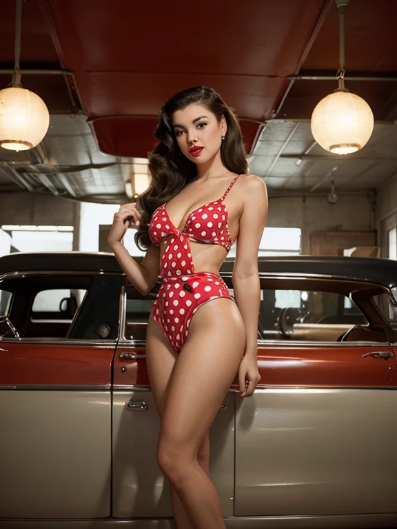 Generate a high-resolution image featuring a glamorous pin-up girl in a retro style. The girl should exude confidence and sensuality while posing in a vintage fashion reminiscent of the 1950s. Incorporate classic elements such as red lipstick, a polka-dot bikini, and wavy, voluminous hair. Surround the pin-up girl with subtle cues of the era, like a hot rod car in the background and a jukebox on the side. Ensure the lighting enhances the overall aesthetic, giving the image a warm, nostalgic feel. Capture the essence of classic pin-up art with a modern twist, combining allure and timeless elegance. (full body:1.5)