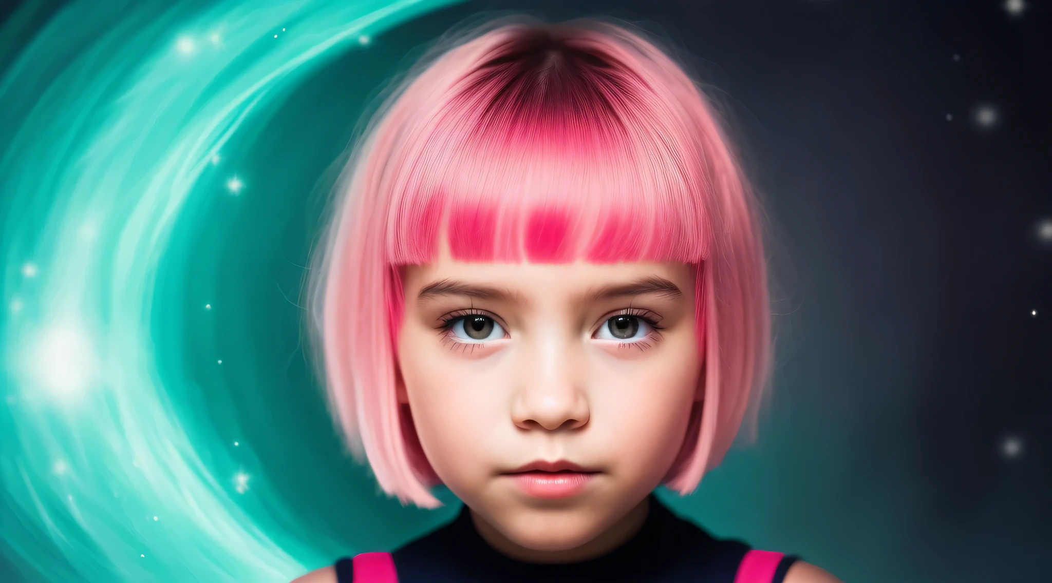 a CHILD girl with a pink hairstyle,  girl with magical powers, painting digital adorable, Arte digital 4K realista, Arte digital 4K realista, Retrato VFX altamente detalhado, retrato da menina de glowwave, Arte digital alucinante, 4k symmetrical portrait, 4k symmetrical portrait, Arte digital alucinante, Arte digital 4K perturbadora