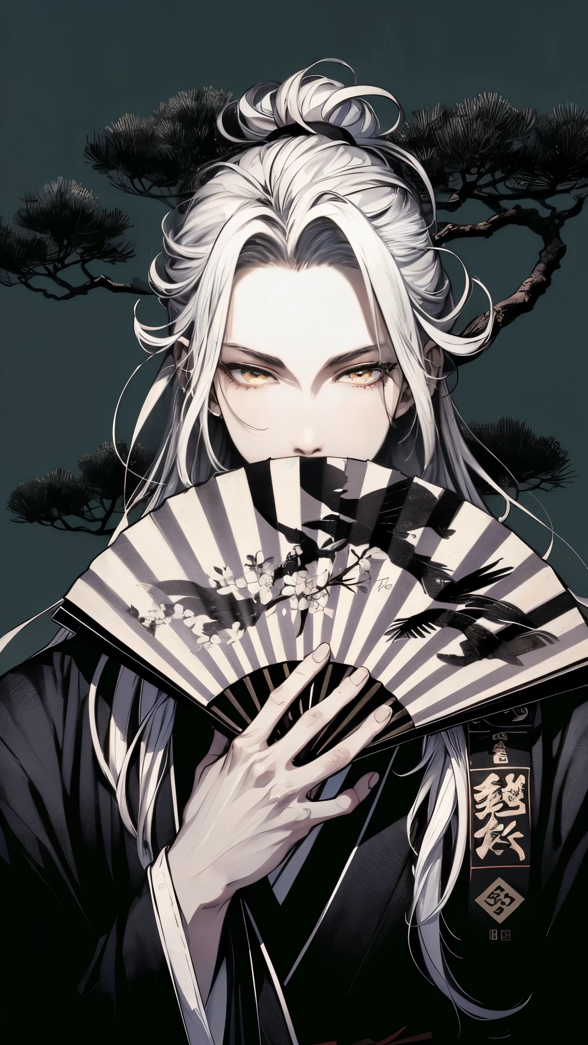 Beautiful young man, long slit yellow eyes, very long white hair, tied up, black masculine kimono, fan covering mouth, black background with one magnificent pine tree standing, Japanese atmosphere, cool, stylish,high quality, amount of drawing, pixiv illustration