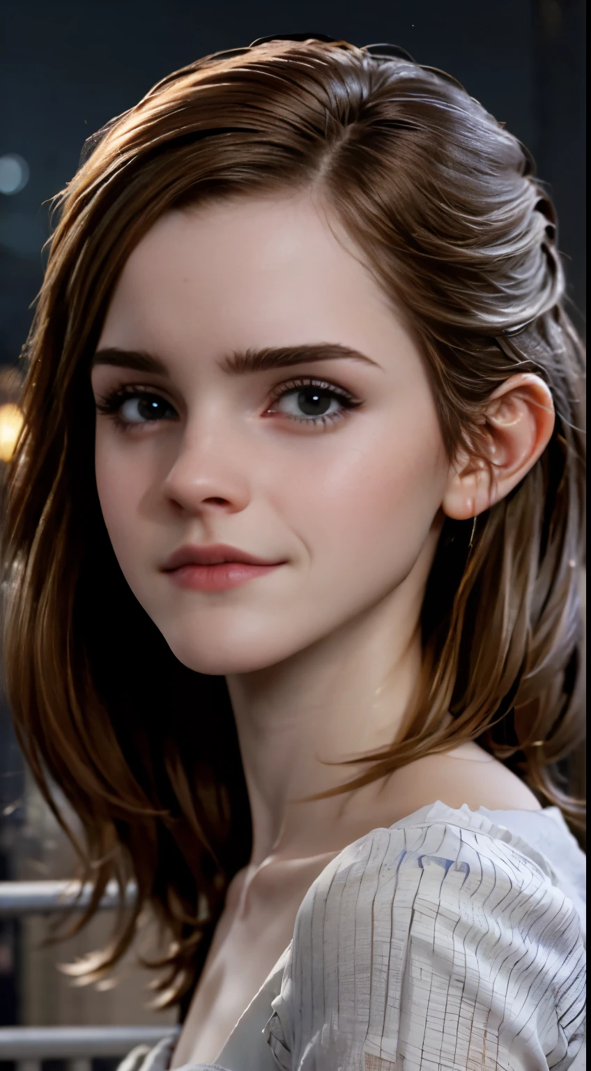 photo of Emma Watson, RAW, beautiful woman, ((portrait)), ((detailed face:1.2)), ((detailed facial feature, detailed skin, clear skin), (perfect proportioned body), (wearing an elegant dress) (high detailed city environment, apartment balcony), (realistic photo, best quality, detailed), (8k wallpaper), (cinematic lighting, dramatic lighting) (sharp focus, intricate)