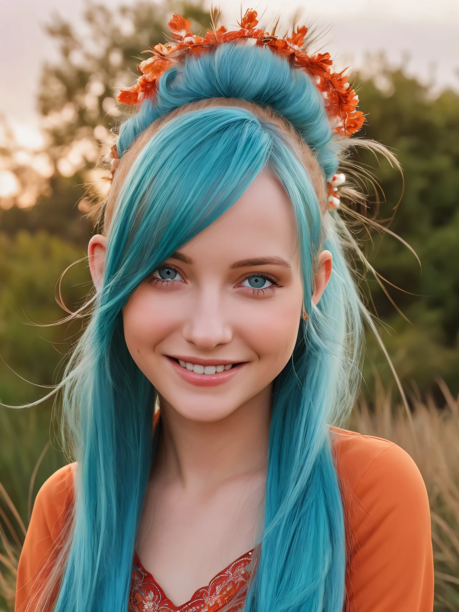 (Realistic:1.5), A highly detailed photo of a stunningly beautiful young woman in a minuscule clothes. Long rusty-cyan colored hair blowing in the wind . Dazzling and glowing orange-red eyes, (freckles:0.3). Cute sexy, mouth smiling wide with joy. Leaning towards the camera. Free-spirited persona. Looking directly at the camera and winking