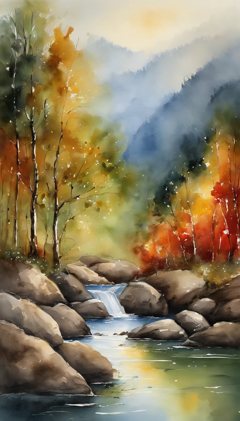 landscape painting，ink and watercolor painting，water ink，ink，stains，See away，Ultra-wide viewing angle，meticulous，Light boat in the distance，See away，meticulous，The trees，stains，Low saturation，low contrast，The light ship that crossed Ten Thousand Mountains is beautifully drawn.，A detailed，acurate，The master's work，tmasterpiece