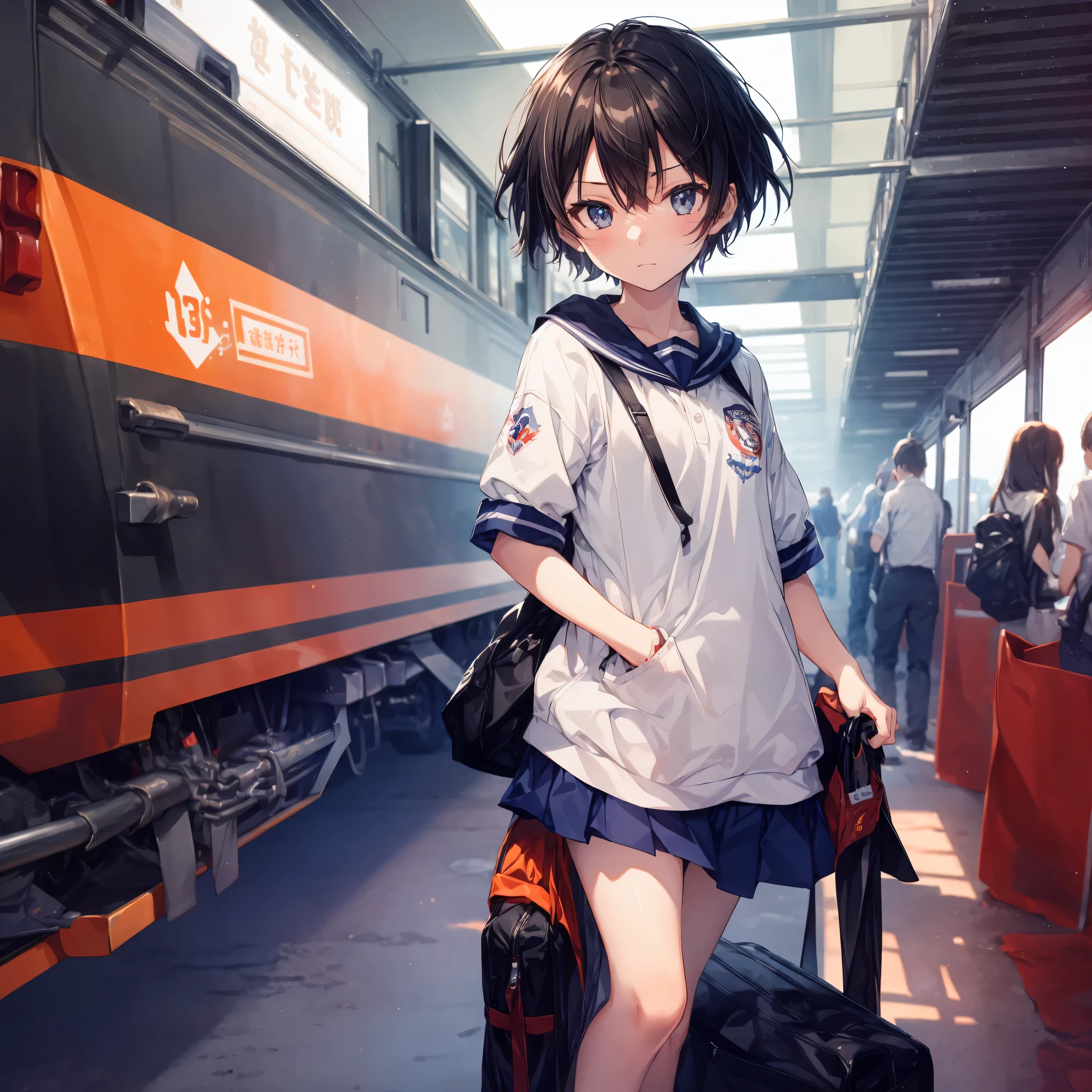 Super high quality by the art god, Ultra-detailed, High resolution, Shinkai Makoto style, anime moe art style, best anime 8K konachan wallpaper, Pixiv Contest Winner, Perfect Anatomy, BREAK,(Please draw a sleepy girl going to school alone.. ),BREAK, a hyperrealistic schoolgirl, (Solo,Lori,,13yea:1.3),Full limbs, complete fingers,a junior gynous attraction, (Very short hair), hair messy, flat chest, Small butt, groin, Small eyes,Beautiful detailed black eyes, Well-proportioned iris and pupils, disgusted eye, High resolution detailed hair, School uniform, Skirt,  On the way to school. BREAK,Ultra-detailed細なスキン, Best lighting by famous artists, 8K, Illustration,