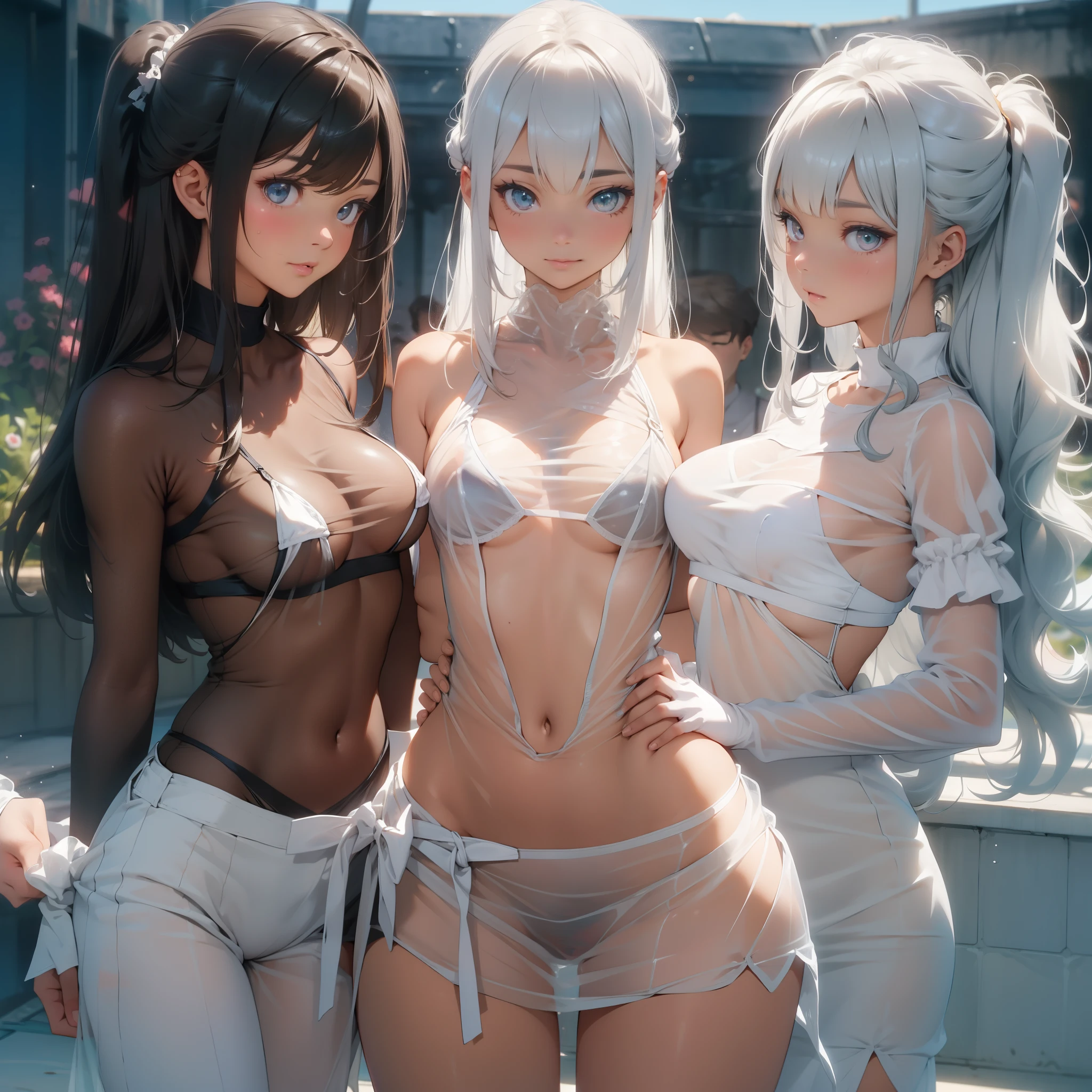 ((highest quality)), ((masterpiece)), (3 girls:1.5), Three cute girls are posing for the camera in an indoor flower garden full of flowers。, (shirtを持ち上げる:1.3), (three people standing in a row), (Close-up shot from the waist up), (open your mouth and smile:1.3), ray tracing, ((topless)), (), nipple, chest, hair band, head band, hair bobble, blouse, shirt, (high resolution face:1.5), (High definition finger 1.5), ((No panties)), Pussy, No skirts, Asian, Westerners, silver hair, brown hair, blonde, (belly button), jewelry, looking at the viewer, necklace, long hair, short hair, (abs),(written boundary depth), 