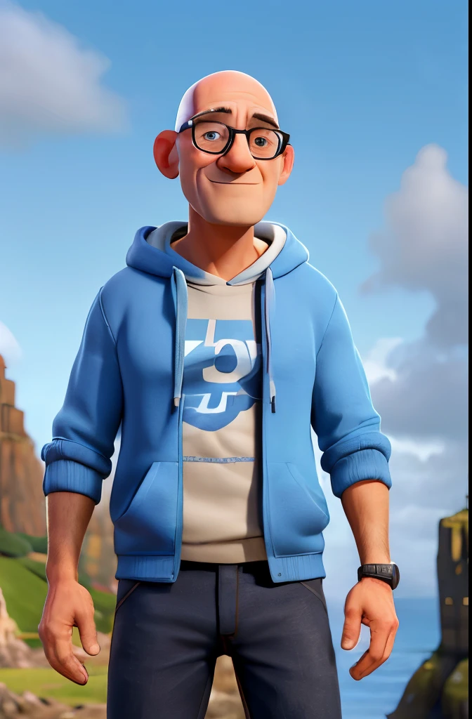 Um homem careca de 45 anos, bald and bespectacled,vestindo um hoodie azul escuro. The man is tall and thin and stands with the Giant's Causeway in the background. rosto sem barba, rosto magro, The sky has some clouds but the image of the man appears in the foreground.