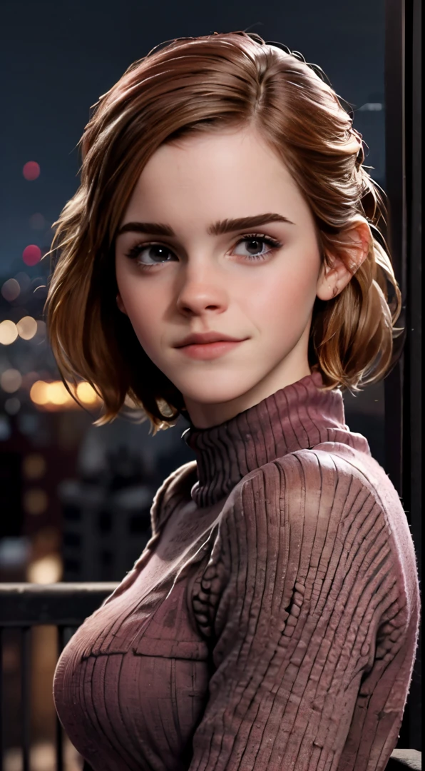 photo of Emma Watson, RAW, beautiful woman, ((portrait)), ((detailed face:1.2)), ((detailed facial feature, detailed skin, clear skin), (perfect proportioned body), kneeling, arms behind head, (wearing an tight pink sweater & jeans) (high detailed city environment, apartment balcony), (realistic photo, best quality, detailed), (8k wallpaper), (cinematic lighting, dramatic lighting) (sharp focus, intricate)