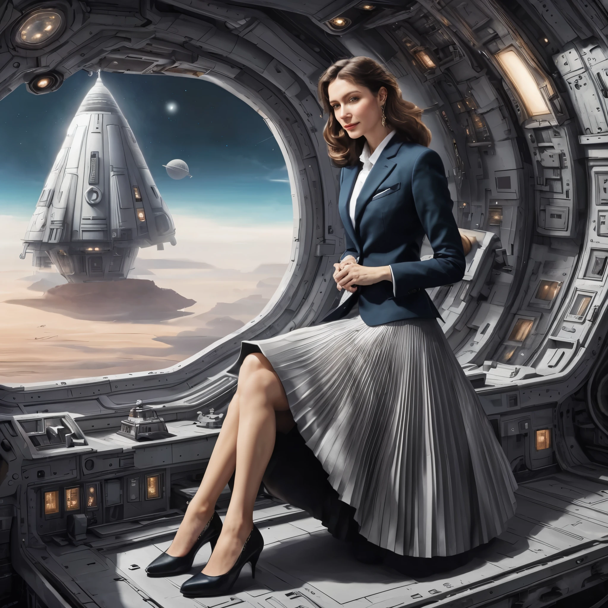 (authentic:1,5) (shy smiling:1,1) woman admiring her skirt on a space ship, wearing short blazer and very very detailed (long (pleated) full circle skirt) and (low heeled office shoes), very very intricate hyper-detailed symmetric (attractive graceful feminine face) with (sad, tired eyes and a shy smile), large breasts, full of empathy and compassion and love, (pronounced (feminine) features), (highly detailed ultra accurate realistic) hands and fingers, (windy conditions and wind blowing), epic composition, highly detailed attributes, highly detailed space station background, (35mm f1.4 Kodak portra 400 photograph), extremely high quality RAW photograph,