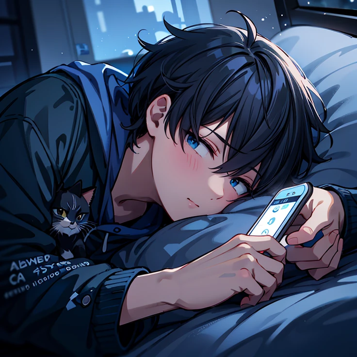 Sleep anime boy in bed with cell phone and cat in hand, anime wallaper, anime lover, anime boy, makoto shinkai cyril rolando, 4k anime wallpaper, by Yuumei, guweiz and makoto shinkai, hd anime wallaper, anime wallpaper 4k, anime wallpaper 4k, anime picture