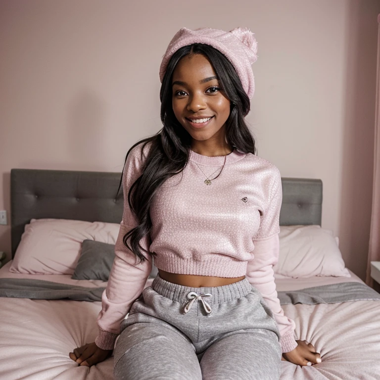 Black girl sitted in her room on the bed smiling, she is wearing a pink sparkly hat , a pink top and grey sweatpants. The room should be bright and vibrant. The girl should be beautiful, chic and sexy, her bed should have teddy bears. It should be realistic.