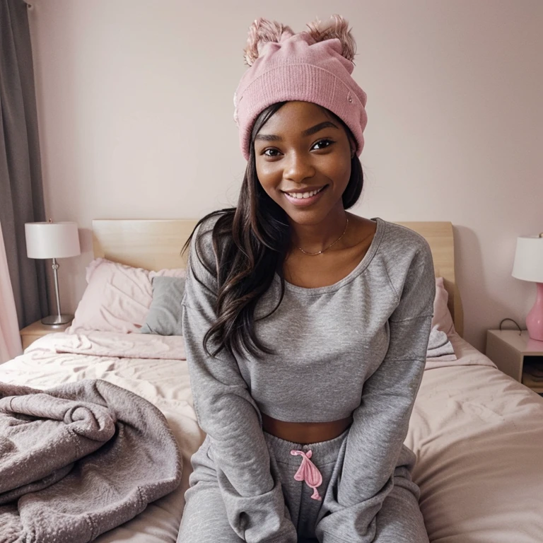 Black girl sitted in her room on the bed smiling, she is wearing a pink sparkly hat , a pink top and grey sweatpants. The room should be bright and vibrant. The girl should be beautiful, chic and sexy, her bed should have teddy bears. It should be realistic.