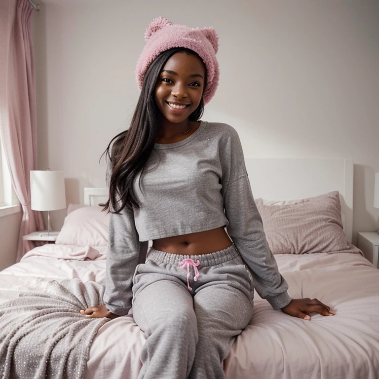 Black girl sitted in her room on the bed smiling, she is wearing a pink sparkly hat , a pink top and grey sweatpants. The room should be bright and vibrant. The girl should be beautiful, chic and sexy, her bed should have teddy bears. It should be realistic.