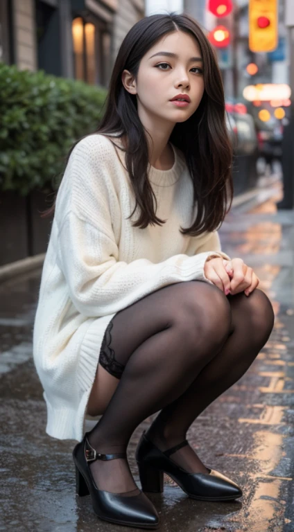 highest quality, masterpiece, Ultra-high resolution, (Realistic:1.4), RAW Photos, Very detailed, Perfect Anatomy, 

One girl, Most popular Japanese idols, Crouching on a winter street in Japan, (((((From below, Front view))))), An innocent smile, 
(((Panty shot:1.3, Wearing cute patterned white cotton panties, White cotton panties with cute patterns))), 
Wearing black loafers, Black loafer shoes with attention to detail, ((Wearing the White Sox, More on the White Sox)), Very beautiful thighs and knees,  、((Sexy panties in full view:1.2))、((Spread your legs wide:1.2))
((Wearing a navy blue pleated skirt, Navy blue pleated skirt with attention to detail)), 
She is wearing a loose light pink sweater, A loose light pink sweater with attention to detail, hands on knees, Wearing a cute scarf, A cute scarf with attention to detail, 
Very cute face like a famous Japanese idol, Very beautiful big black round eyes, Very beautiful black short hair, Cute face with attention to detail, Large, detailed, round black eyes, Detailed beautiful short black hair