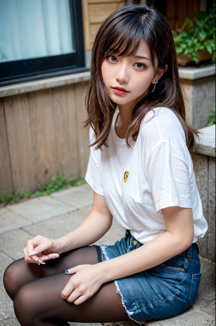 of the highest quality, masutepiece, Ultra high definition, (Real: 1.4), Original photo, (Evening Street), 1 girl, Black eyes, gaze at the audience, Long hair, Light makeup, Lips, small ears, White T-shirt, Denim shorts, (Ultra-realistic pantyhose:1.2), earrings, Sitting Ferrari,, slim, neat, Park