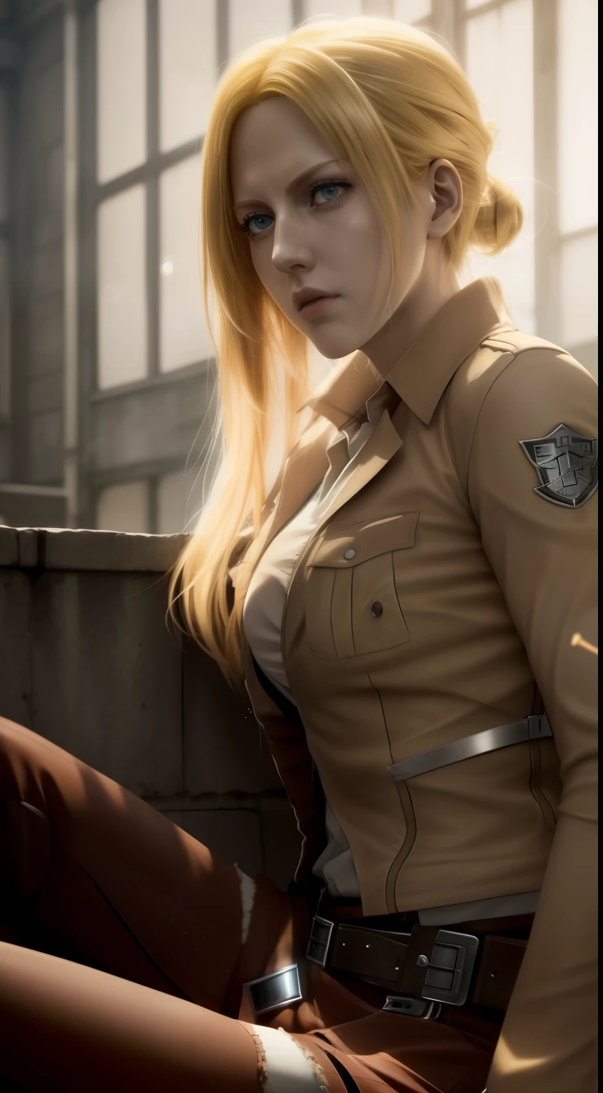 a close up of a person laying on a floor with a knife, annie leonhart, looking like annie leonhart, shingeki no kyojin, from attack on titan, in attack on titan, (attack on titans anime), attack on titans, attack on titan, attack on titan covert art, annie leonhart in a neon city, animesque,Attack on Titan female character Historia,golden hair,Long golden hair,Combat attire,binh,metal light holder,golden hair,blue color eyes