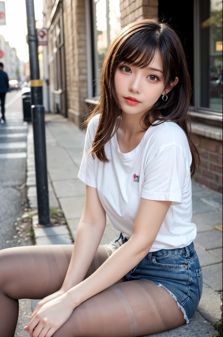 of the highest quality, masutepiece, Ultra high definition, (Real: 1.4), Original photo, (Evening Street), 1 girl, Black eyes, gaze at the audience, Long hair, Light makeup, Lips, small ears, White T-shirt, Denim shorts, (Ultra-realistic pantyhose:1.2), earrings, Sitting Ferrari,, slim, neat, Park
