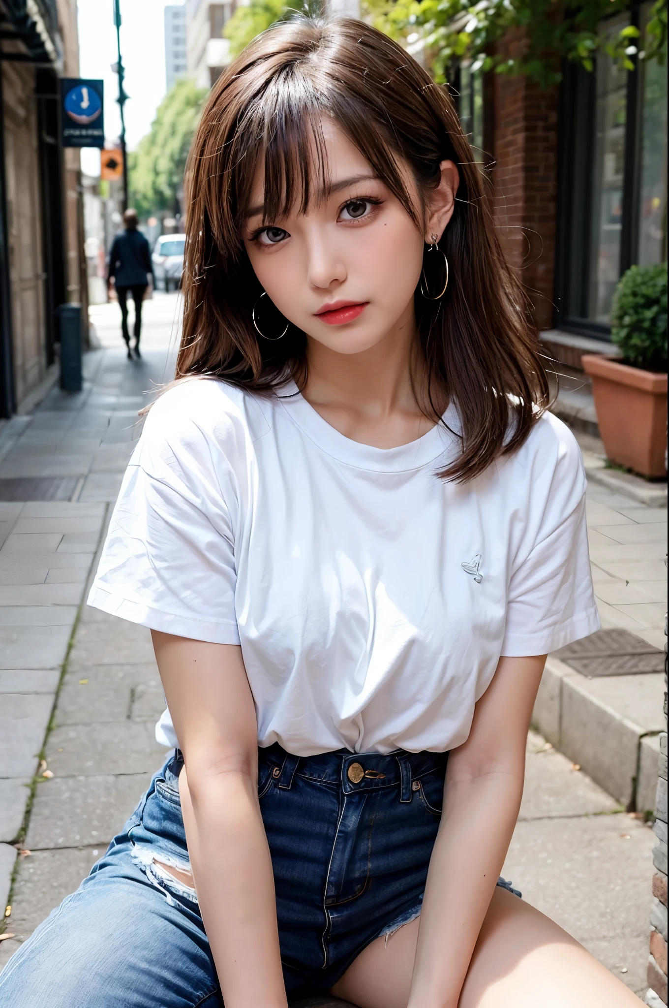 of the highest quality, masutepiece, Ultra high definition, (Real: 1.4), Original photo, (Evening Street), 1 girl, Black eyes, gaze at the audience, Long hair, Light makeup, Lips, small ears, White T-shirt, Denim shorts, (Ultra-realistic pantyhose:1.2), earrings, Sitting Ferrari,, slim, neat, Park