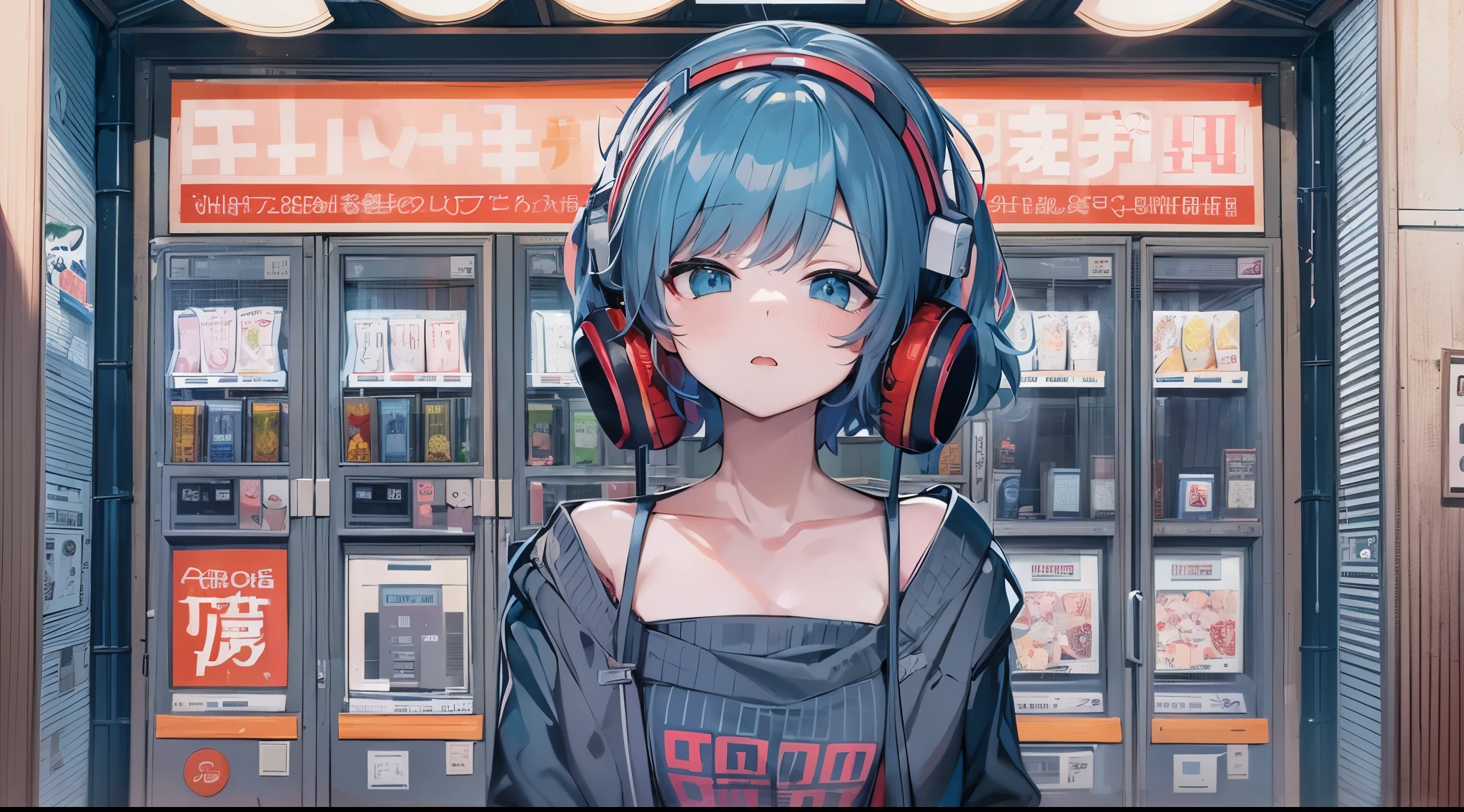 natta　Adult Beautiful Woman　　nattaの繁華街　There are no people around　shorth hair　　the girl stands alone　　old vending machine　hair is dark blue　Blue eyes　　sad Facial expression　red-lips　Dark atmosphere　　Tsundere　Female Main　Background is blurred　Draw only the upper body　　Headphones　Background is blurred　Draw only the upper body　美しいBlue eyes　blue hairs　Tsundere正面を向く　Twilight　Lonely Gweiz's style artwork、Beautiful anime、 Alone　guweiz、Beautiful anime girl、Beautiful anime girl、Anime girl with teal hair、anime styled。8K、Bowater's Art Style、beautiful digital illustrations、beautiful character painting、Stunning Anime Face Portrait Mikudayo, official artwork, lofi-girl, lofi artstyle,, sayori, anime vibes, 富士フイルムと混ぜたanime styled, digital anime illustration, anime wallpaper 4k　Girl with headphones