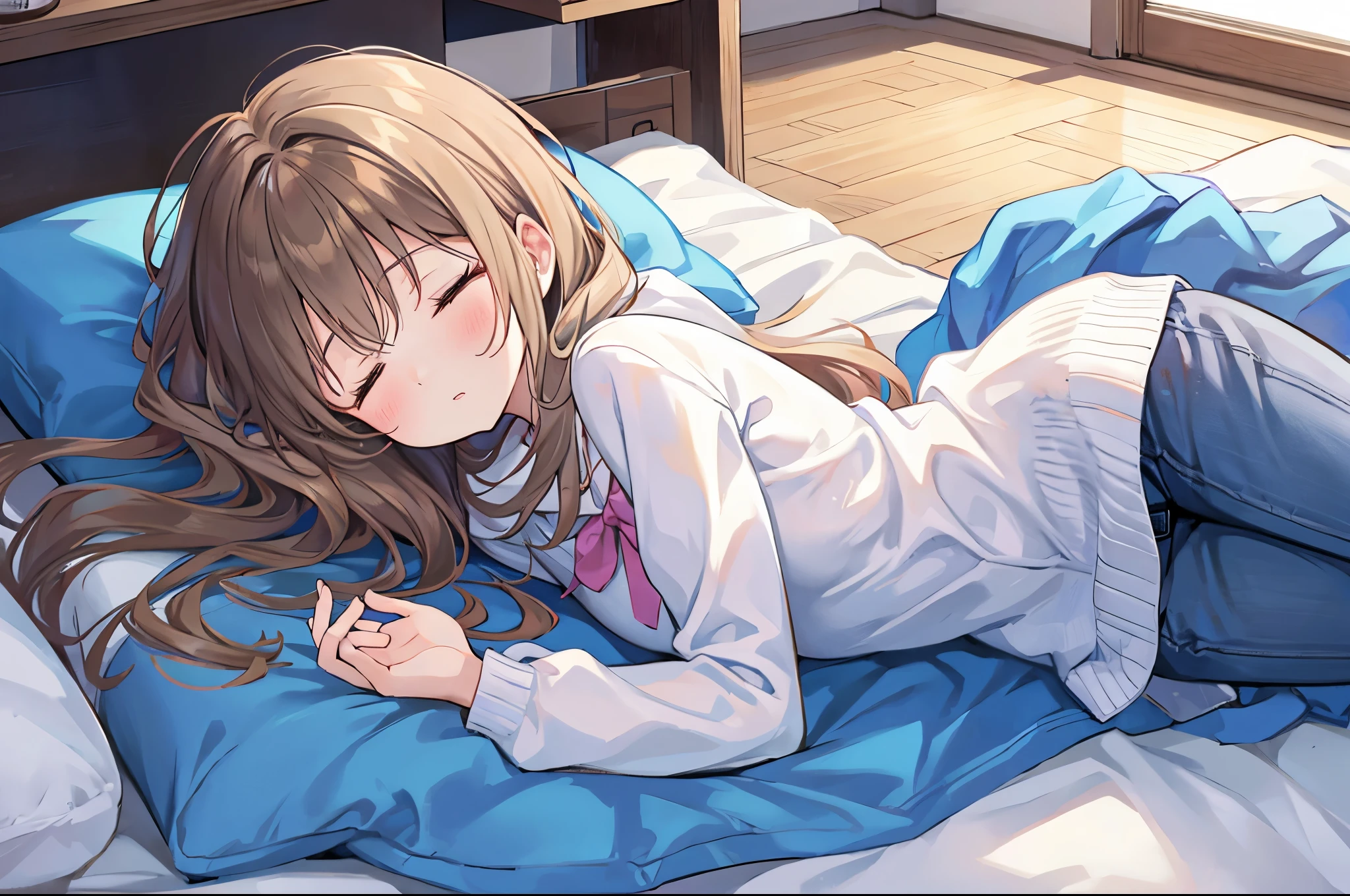 anime illustration、masterpiece、girl、16 years old、sleeping on a bed filled with dried flowers。