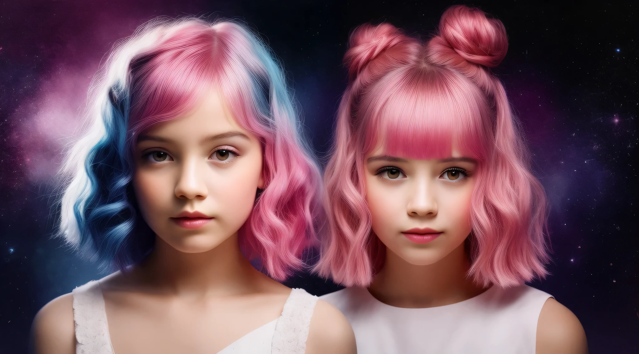 a CHILD girl with a pink hairstyle, little girl with magical powers, painting digital adorable, Arte digital 4K realista, Arte digital 4K realista, Retrato VFX altamente detalhado, retrato da menina de glowwave, Arte digital alucinante, 4k symmetrical portrait, 4k symmetrical portrait, Arte digital alucinante, Arte digital 4K perturbadora