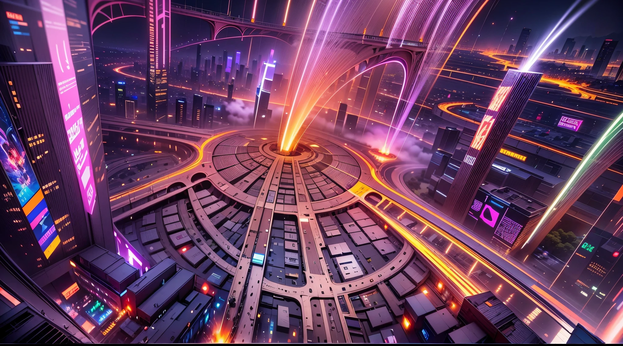 Look down from the top of the mountain,cyber punk style,(((fire works))),(((绚丽的fire works))),3d effect,A huge and decadent ringed city,crossroad,overpass,high grade road,natta,((many circling planes)),pedestrians,Sateen,inverted image,high high quality,(16K resolution),((ultra - detailed)),((a work of art)),hyper realisitc,电影灯光,Dynamic lines,OC Render