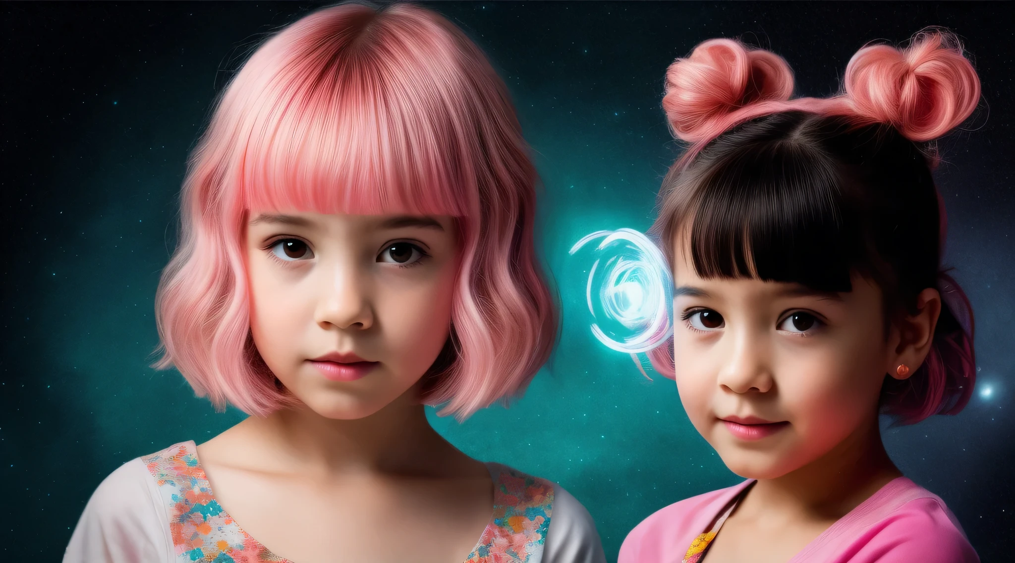 a CHILD girl with a pink hairstyle, little girl with magical powers, painting digital adorable, Arte digital 4K realista, Arte digital 4K realista, Retrato VFX altamente detalhado, retrato da menina de glowwave, Arte digital alucinante, 4k symmetrical portrait, 4k symmetrical portrait, Arte digital alucinante, Arte digital 4K perturbadora