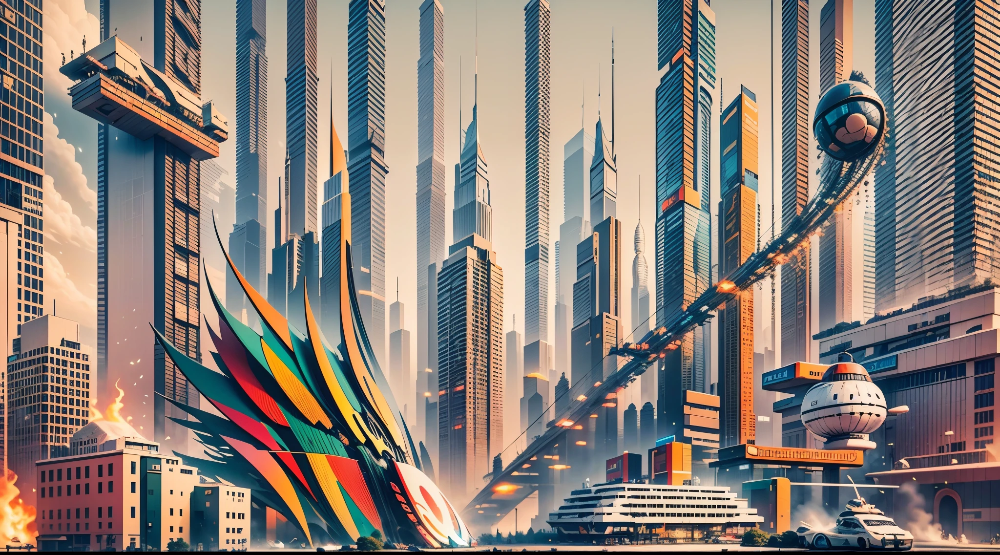 Look down from the top of the mountain,cyber punk style,(((fire works))),(((绚丽的fire works))),3d effect,A huge and decadent ringed city,crossroad,overpass,high grade road,natta,((many circling planes)),pedestrians,Sateen,inverted image,high high quality,(16K resolution),((ultra - detailed)),((a work of art)),hyper realisitc,电影灯光,Dynamic lines,OC Render